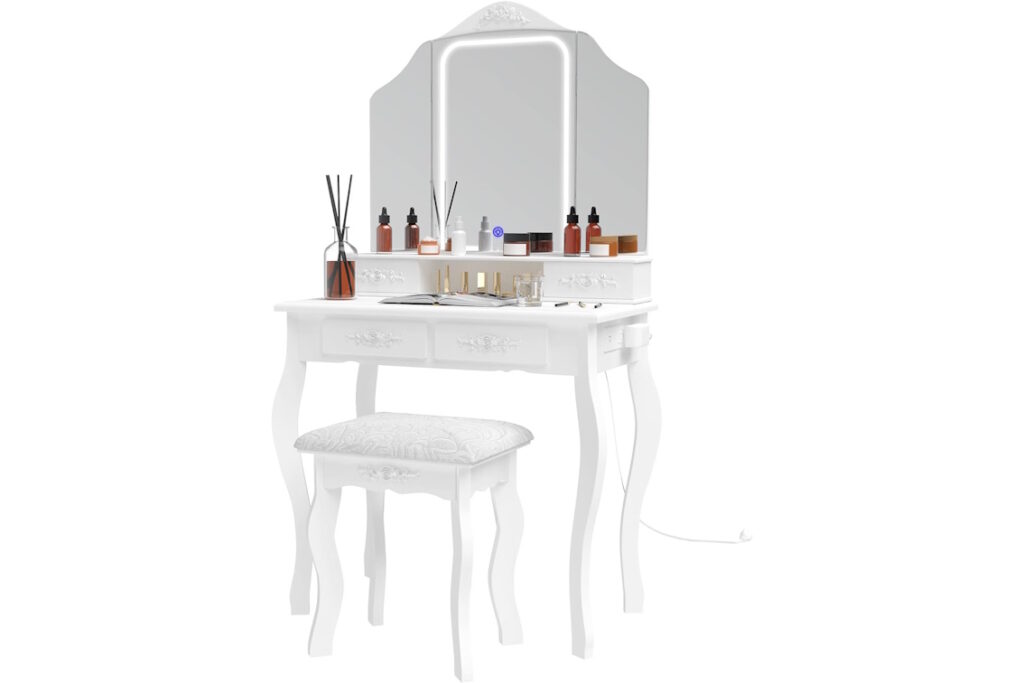 White Vanity Desk with LED Lit Mirror and Power Outlet