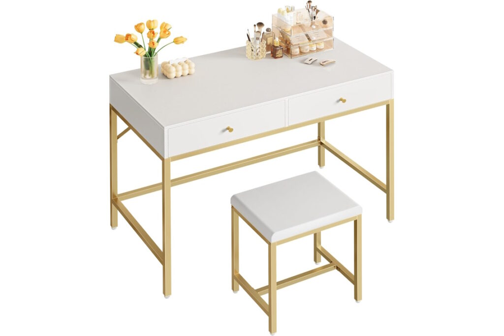 White and Gold Makeup Vanity Desk with Padded Stool